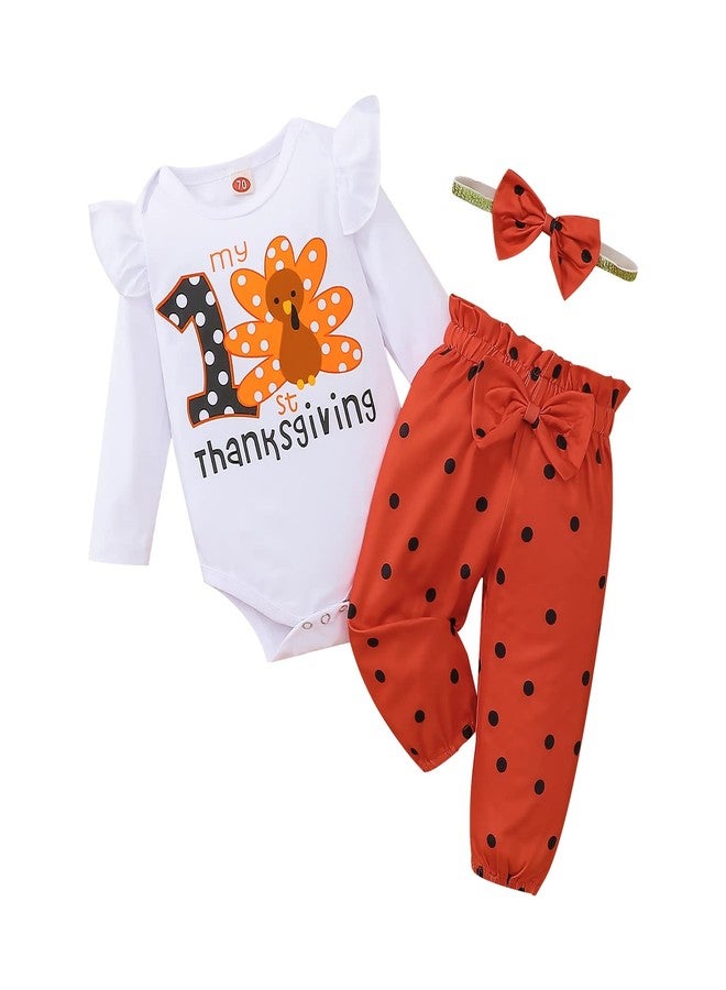 ODIMAME My First Thanksgiving Baby Girl Outfits 3-6 Months Infant Turkey Romper Cute Orange Bell Bottom Pants Headband 80cm - Image 1