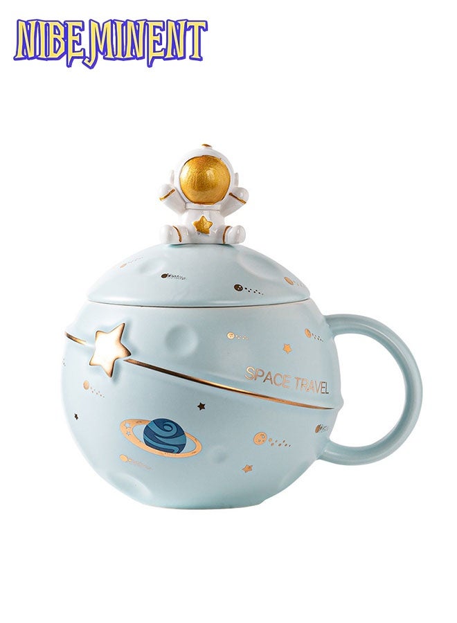 NIBEMINENT Astronaut Cup Space Embossed Planet Mug, Cute Ceramic Coffee Mug, Novelty Mug with Lid and Spoon for Coffee, Tea, Milk, Aesthetic Room Decor Funny Gift Birthday for Girl Boy Women (blue)  - Image 4