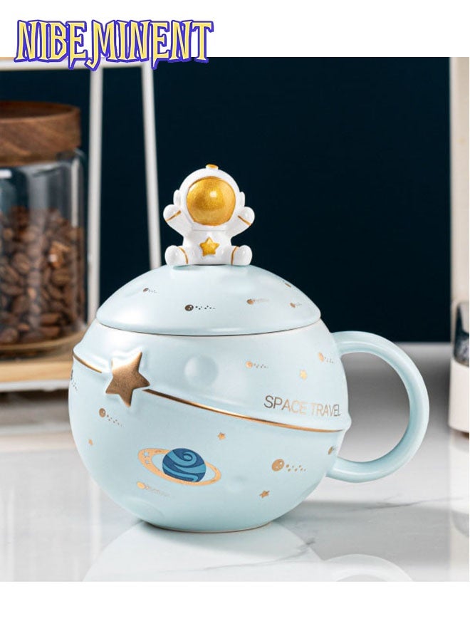 NIBEMINENT Astronaut Cup Space Embossed Planet Mug, Cute Ceramic Coffee Mug, Novelty Mug with Lid and Spoon for Coffee, Tea, Milk, Aesthetic Room Decor Funny Gift Birthday for Girl Boy Women (blue)  - Image 1