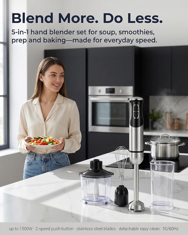 ALLESM Immersion Blender 1500W Hand Blender Set, 5-in-1 Stick Blender with 800ml Chopper Bowl & 600ml Juice Cup,2-Speed,Whisk & Milk Frother, Detachable Stainless Steel for Soup, Smoothies,Baby Food, Sauces - Image 2