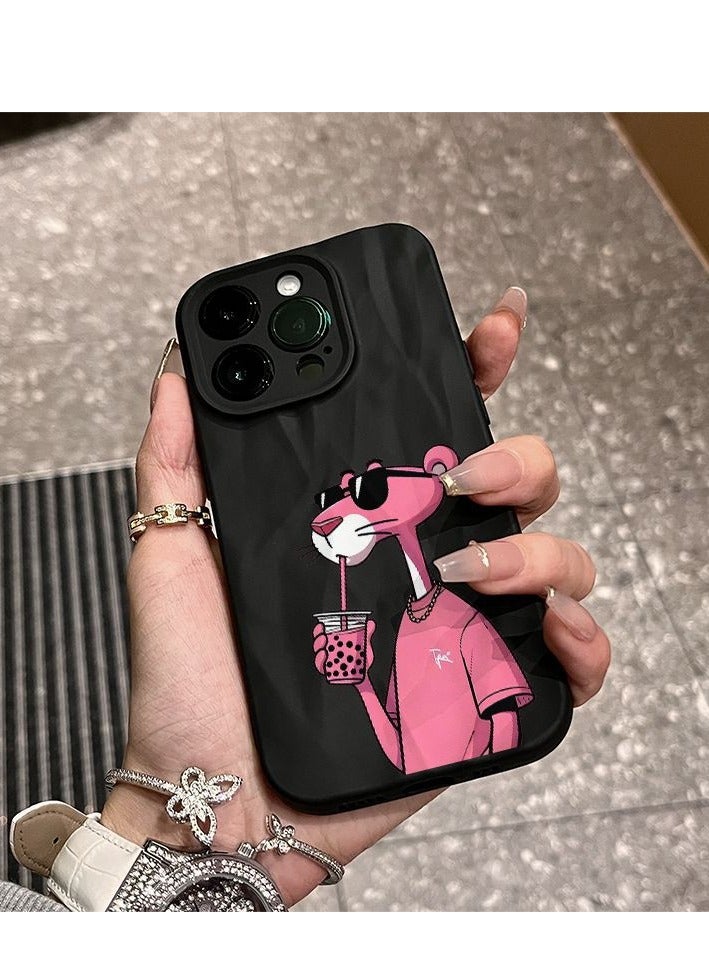 NIBEMINENT Drink Milk Tea Pink Panther Protective TPU Case Cover For IPhone 14 Pro, Black