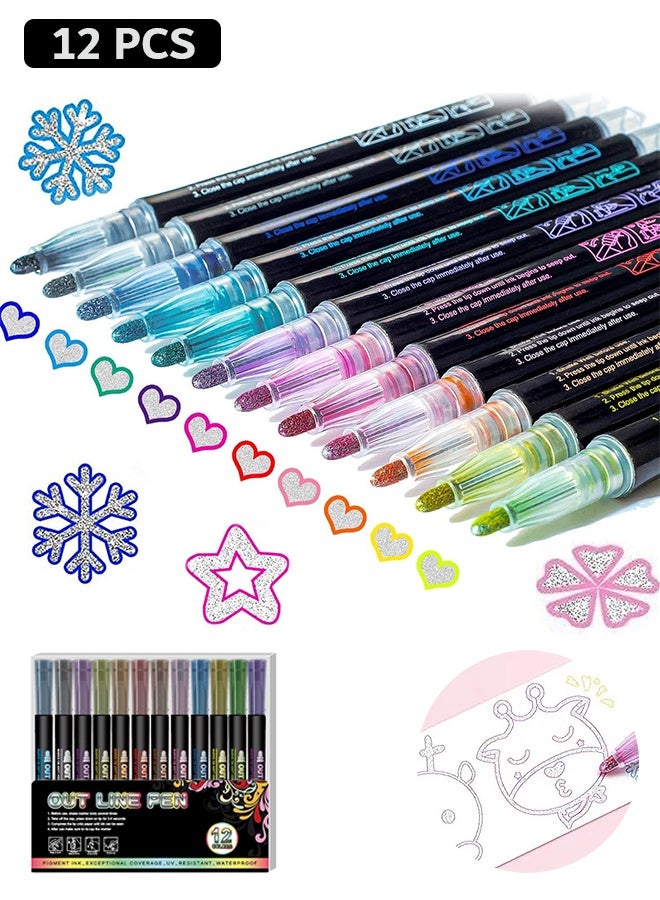 إم إكس إن 12 Pcs Highlighters Markers، Waterproof Double line glitter Metallic Markers، Drawing Crafts Art Supplies for Girls Teens (باللغة الإنجليزية) - Image 1