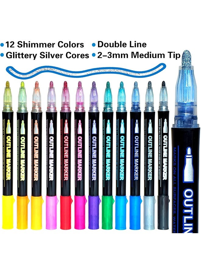 إم إكس إن 12 Pcs Highlighters Markers، Waterproof Double line glitter Metallic Markers، Drawing Crafts Art Supplies for Girls Teens (باللغة الإنجليزية) - Image 2