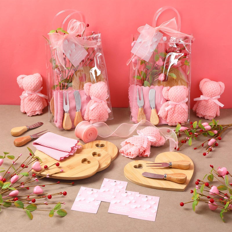 Teecyhooo 6 Set Heart Shaped Charcuterie Board and Serving Gifts Cheese Boards with Cheese Knives Fork, Clear PVC Bags, Berry Branches, Bears, Towels, Cards and Ribbon for Valentines Day Bridal Shower - Image 3