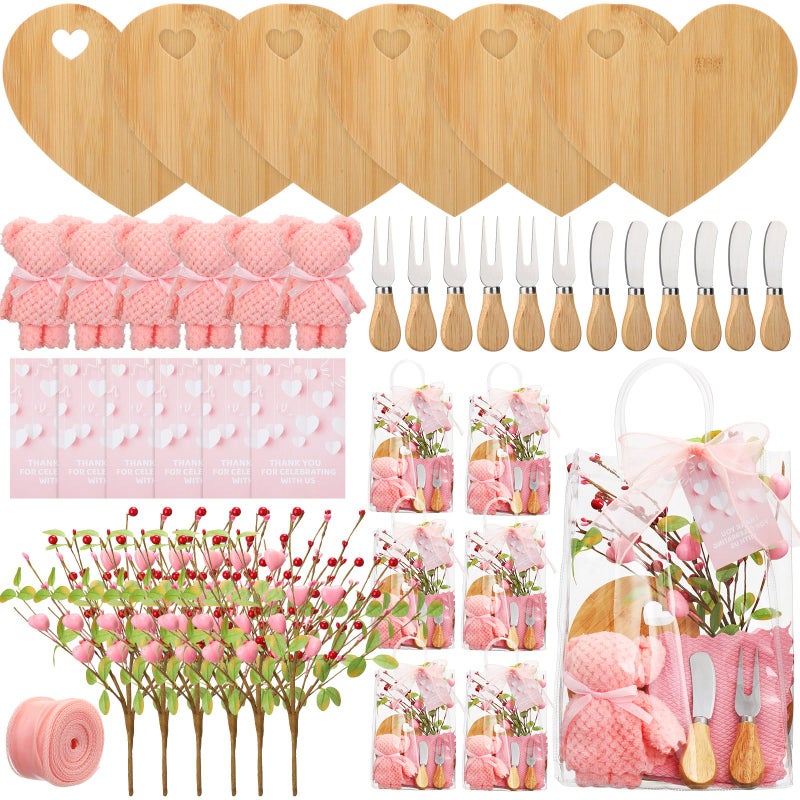 Teecyhooo 6 Set Heart Shaped Charcuterie Board and Serving Gifts Cheese Boards with Cheese Knives Fork, Clear PVC Bags, Berry Branches, Bears, Towels, Cards and Ribbon for Valentines Day Bridal Shower - Image 1