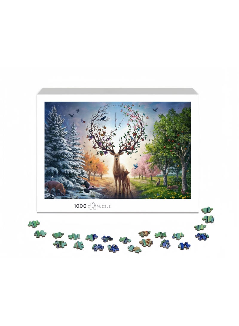 1000 قطعة بازل | لعبة بازل عالية الجودة بأسلوب رسم يدوي لموضوع الغزال السحري والفصول الأربعة، موضوع العطلات - ترفيه عائلي / هدية تذكارية للصداقة - Image 2
