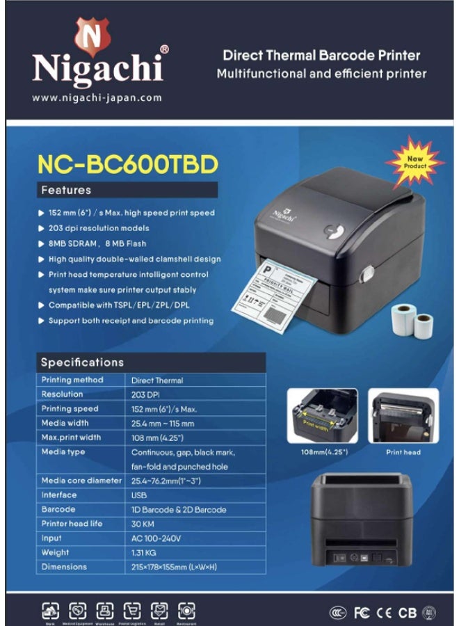 Nigachi Barcode Printers - NC - BC600TBD               Direct Thermal Barcode Printer  Multifunctional and efficient printer - Image 2