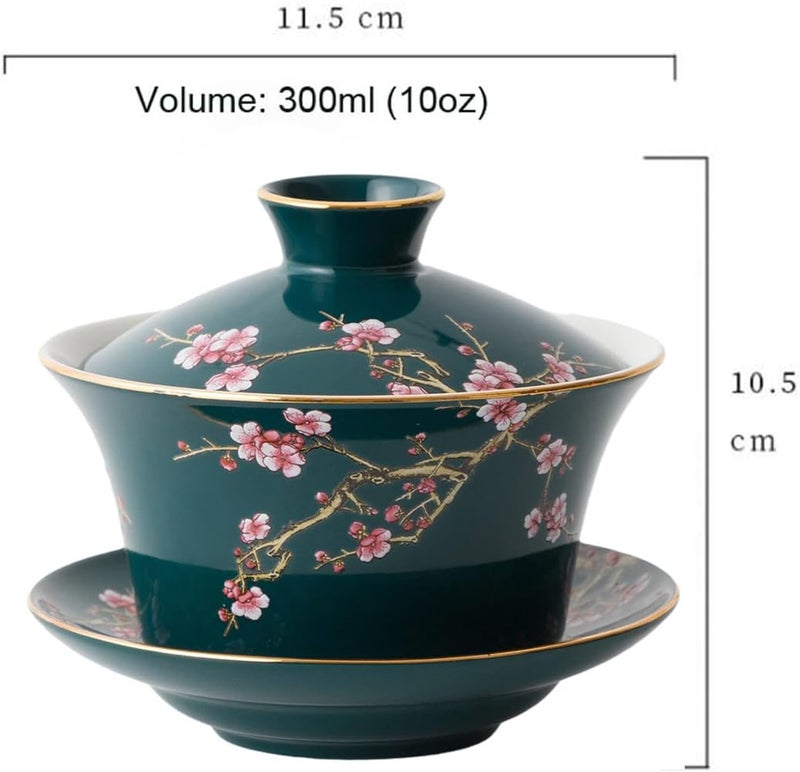 Eplze YBK Tech 10oz Large Gaiwan, Porcelain Kung Fu Tea Cup and Saucer with Lid, Chinese Traditional Gaiwan, Sancai Tea Bowl - Embossed Plum Patterns (Green) - Image 2