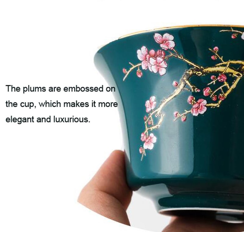 Eplze YBK Tech 10oz Large Gaiwan, Porcelain Kung Fu Tea Cup and Saucer with Lid, Chinese Traditional Gaiwan, Sancai Tea Bowl - Embossed Plum Patterns (Green) - Image 3