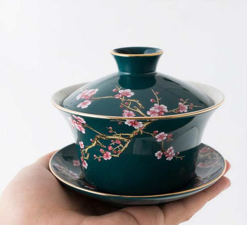Eplze YBK Tech 10oz Large Gaiwan, Porcelain Kung Fu Tea Cup and Saucer with Lid, Chinese Traditional Gaiwan, Sancai Tea Bowl - Embossed Plum Patterns (Green) - Image 4