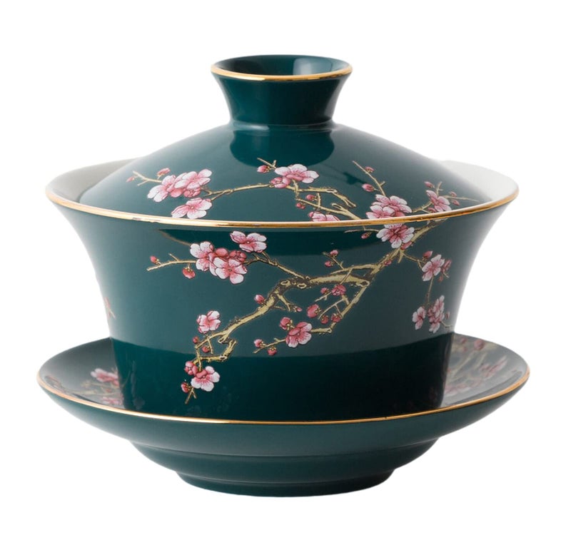 Eplze YBK Tech 10oz Large Gaiwan, Porcelain Kung Fu Tea Cup and Saucer with Lid, Chinese Traditional Gaiwan, Sancai Tea Bowl - Embossed Plum Patterns (Green) - Image 1