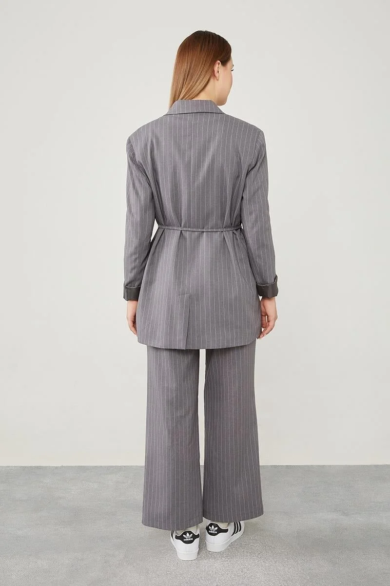 Levidor Anthracite Waist-Tied Striped Trouser Suit
