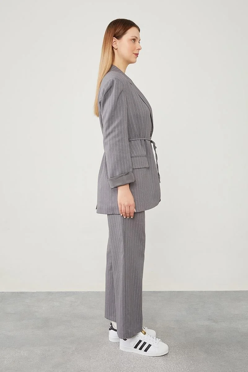 Levidor Anthracite Waist-Tied Striped Trouser Suit