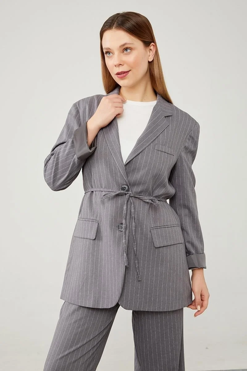 Levidor Anthracite Waist-Tied Striped Trouser Suit