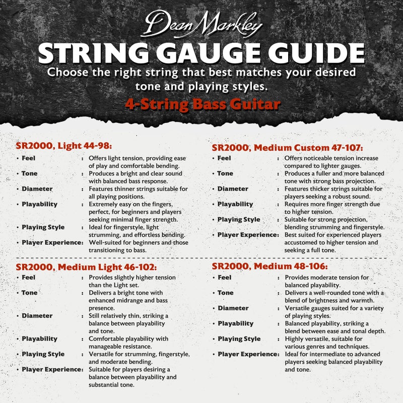 Dean Markley SR2000 Stainless Steel Bass Guitar Strings 4 String Set, 47-107 Medium Custom 4 String Bass Guitar, Silky Smooth Bass Strings with Long Lasting and Full Tone, Made in the USA - Image 4