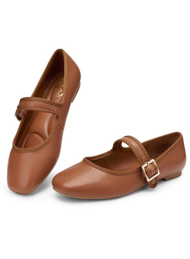 Trary Women's Ballet Flats,Square Toe Velvet Mary Jane Shoes Women,Comfortable Dress Shoes for Women Dressy, Pu Brown, 9 - Image 1