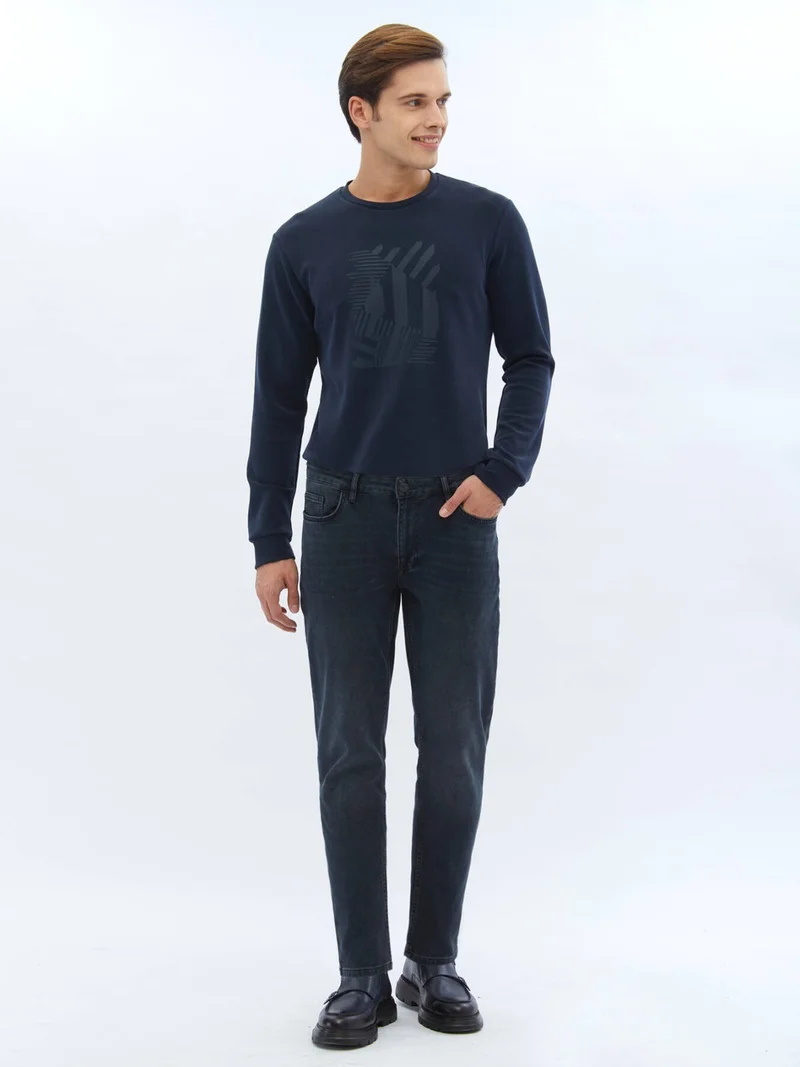 Kip Navy Blue Slim Fit Denim Cotton Blend Trousers