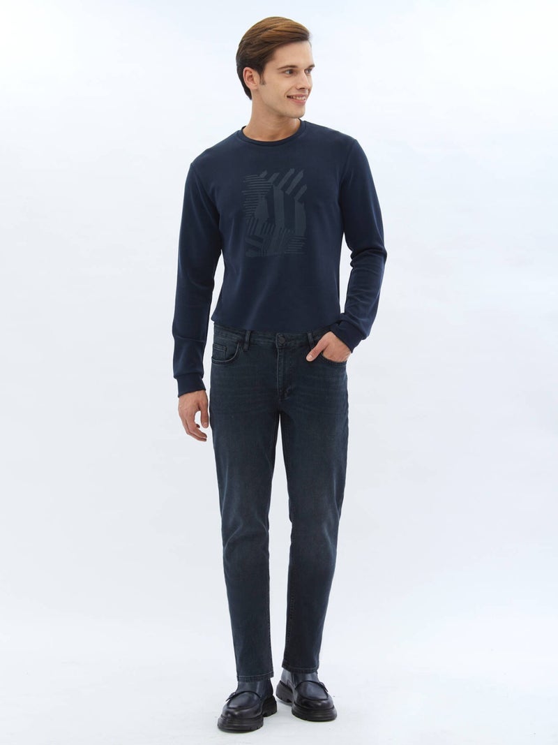 Kip Navy Blue Slim Fit Denim Cotton Blend Trousers  - Image 1