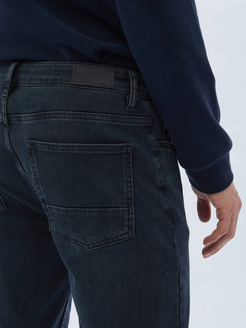 Kip Navy Blue Slim Fit Denim Cotton Blend Trousers
