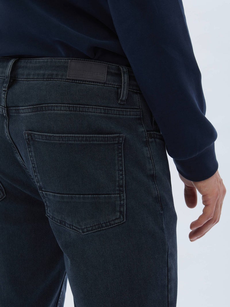 Kip Navy Blue Slim Fit Denim Cotton Blend Trousers  - Image 4
