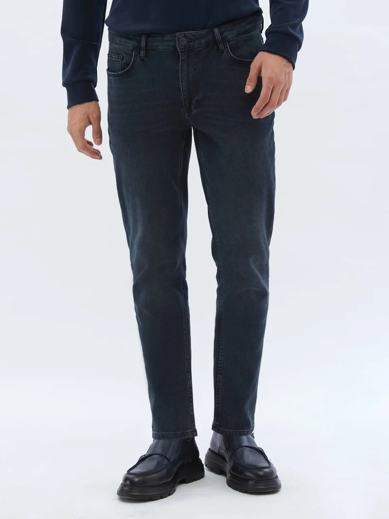 Kip Navy Blue Slim Fit Denim Cotton Blend Trousers