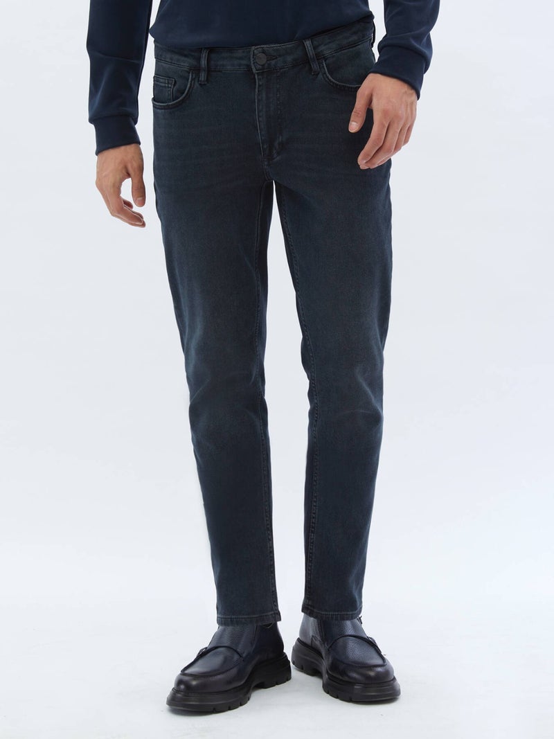Kip Navy Blue Slim Fit Denim Cotton Blend Trousers  - Image 2