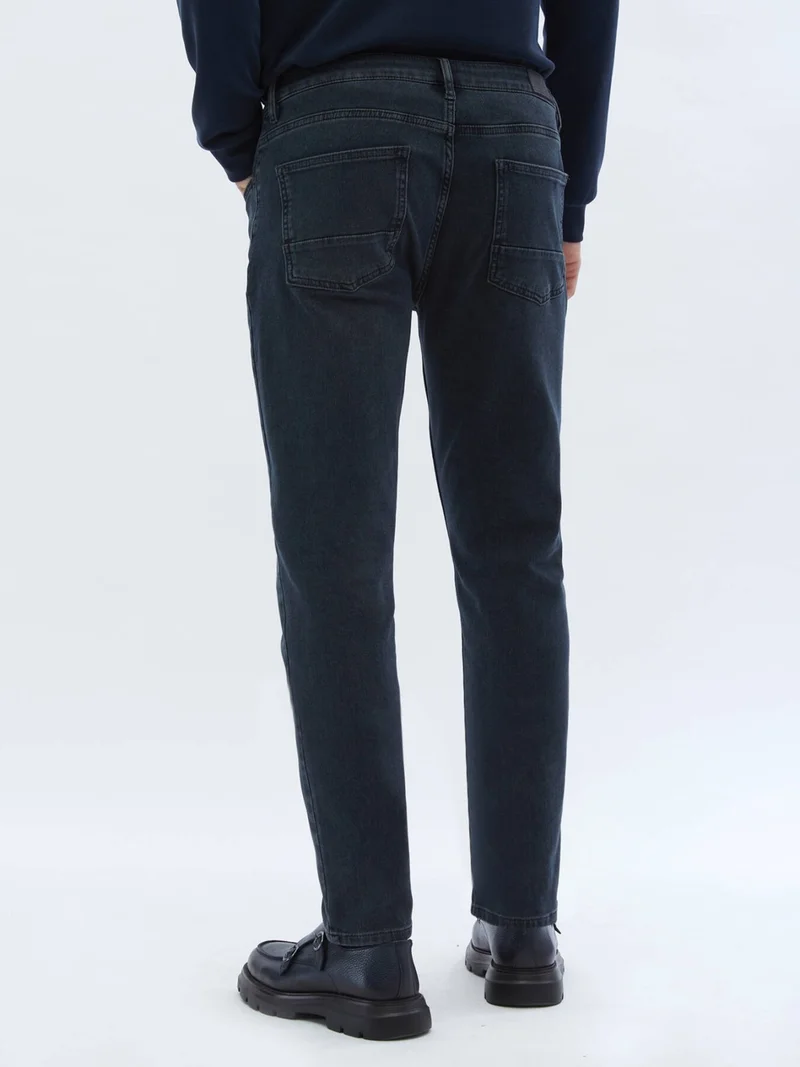 Kip Navy Blue Slim Fit Denim Cotton Blend Trousers