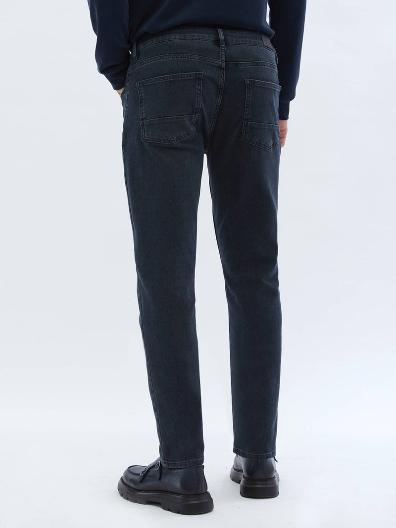 Kip Navy Blue Slim Fit Denim Cotton Blend Trousers  - Image 5