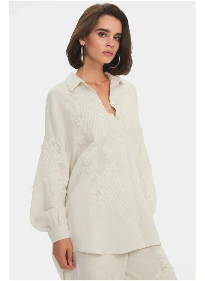 جون June Women Exclusive Oversize/Loose Fit Embroidered and Pearl Detailed Shirt Beige