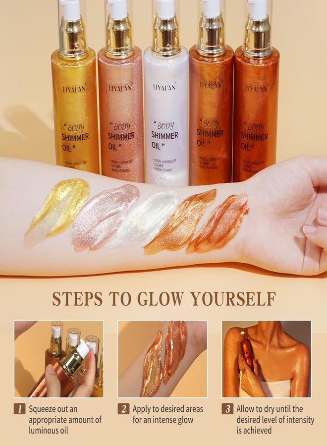 Liyalan Shimmer Body Oil Pearl White 5 Color Bronze Face Brighten Glow Highlighter Illuminator Body Makeup Shine Glitter Gold Liquid Taning (2.8 Fl Oz) - Image 3