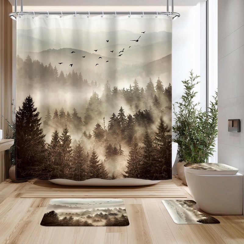 Riyidecor 4PCs Foggy Mountain Shower Curtain Bathroom Set with Non-Slip Rugs,Toilet Lid Cover and Bath Mat Rustic Scenery Pine Tree Waterproof 12 Pack Hooks 72x72 inch Woodland Shower Curtain Decor - Image 1