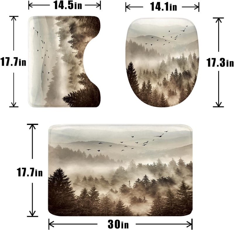 Riyidecor 4PCs Foggy Mountain Shower Curtain Bathroom Set with Non-Slip Rugs,Toilet Lid Cover and Bath Mat Rustic Scenery Pine Tree Waterproof 12 Pack Hooks 72x72 inch Woodland Shower Curtain Decor - Image 4