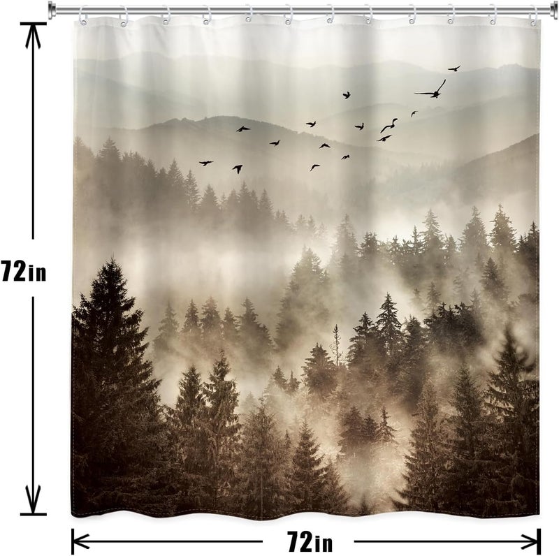 Riyidecor 4PCs Foggy Mountain Shower Curtain Bathroom Set with Non-Slip Rugs,Toilet Lid Cover and Bath Mat Rustic Scenery Pine Tree Waterproof 12 Pack Hooks 72x72 inch Woodland Shower Curtain Decor - Image 3