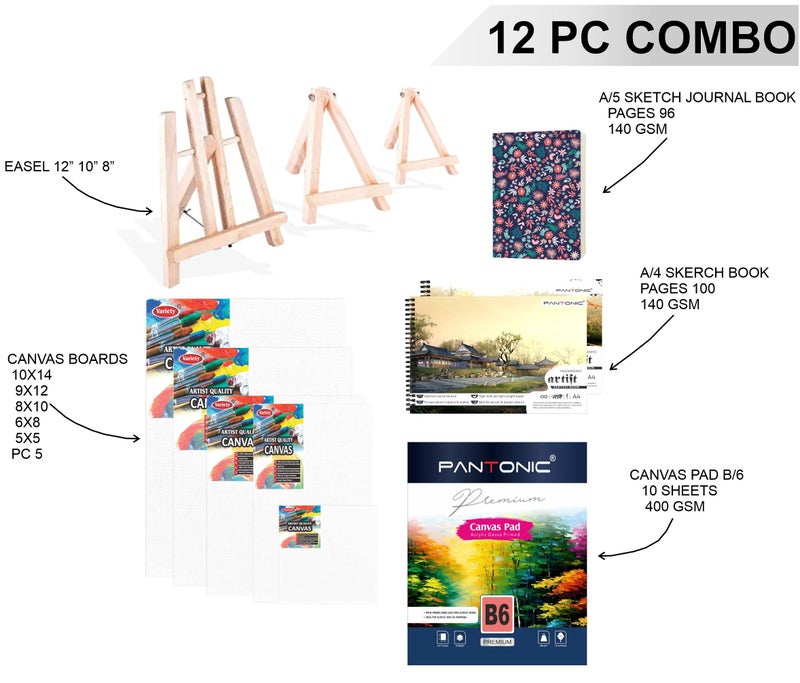 Variety Canvas Art Kit for Artists n Students Which Includes [ Canvas Boards 5pc, Easel Stand pc 3, Canvas pad B/6 1pc, Sketchnotebook A/4 [2] ], Journal Sketchnotebook 1 pc, Pack of 12 - Image 2