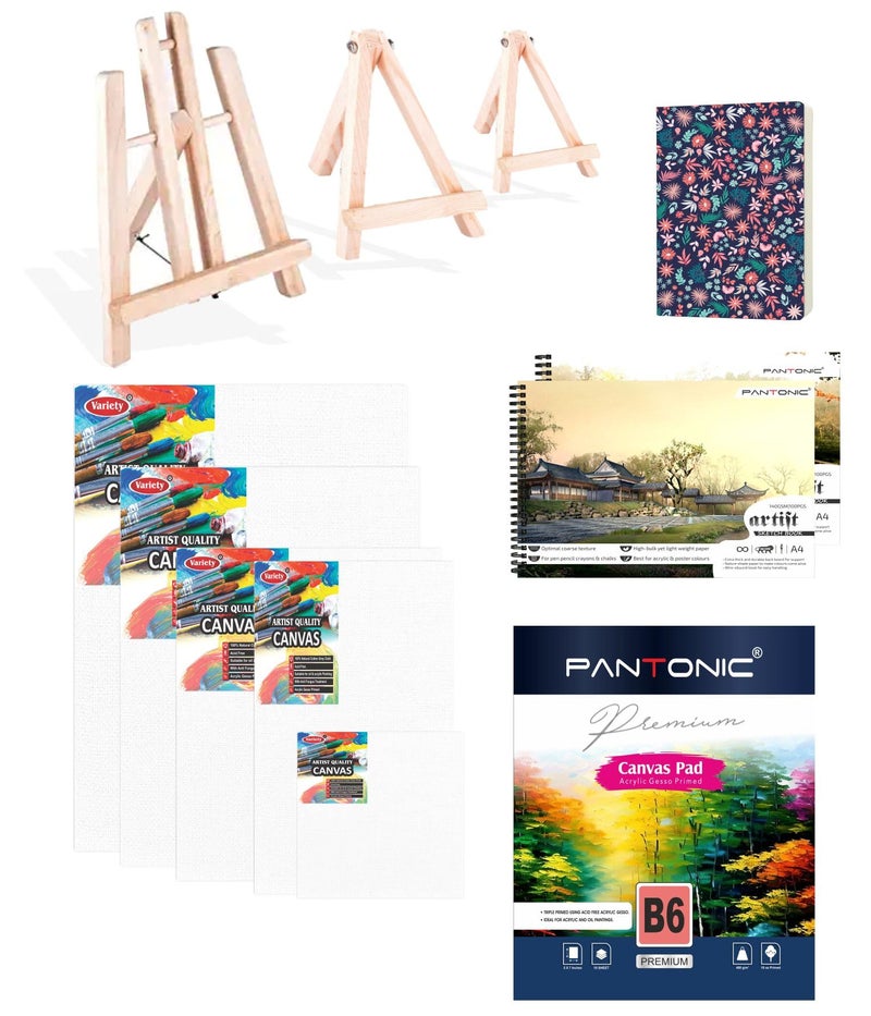 Variety Canvas Art Kit for Artists n Students Which Includes [ Canvas Boards 5pc, Easel Stand pc 3, Canvas pad B/6 1pc, Sketchnotebook A/4 [2] ], Journal Sketchnotebook 1 pc, Pack of 12 - Image 1
