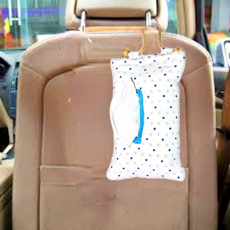 CREATIVE TEXTILES حامل مناديل السيارة المعلق الملون واللطيف من كرييتيف تيكستيلز (أبيض وأزرق) - Image 2