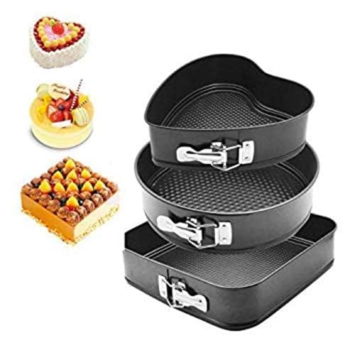 RAVIZAA Teflon Coated Spring Form Cake Mould Pan SetHeart Round and Square Shape Cake Maker Tin NonStick Cake Baking Tray Removable Cake Base Mould 3Pc Set 222018Cm - Image 1