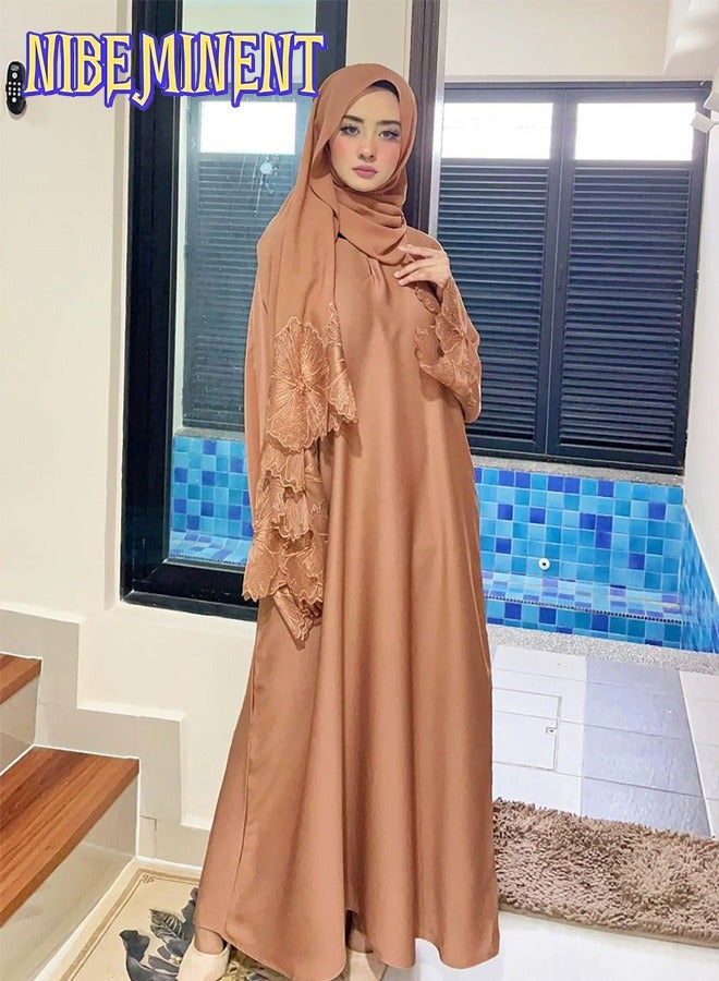 NIBEMINENT Unique Design Abaya Muslim Robe Casual Loose Fitting Long Sleeved with Large Hem, Dress with Headscarf Khaki  - Image 1