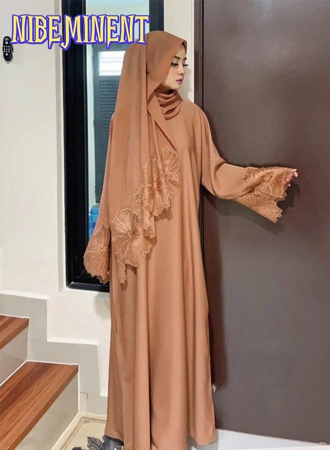 NIBEMINENT Unique Design Abaya Muslim Robe Casual Loose Fitting Long Sleeved with Large Hem, Dress with Headscarf Khaki  - Image 2