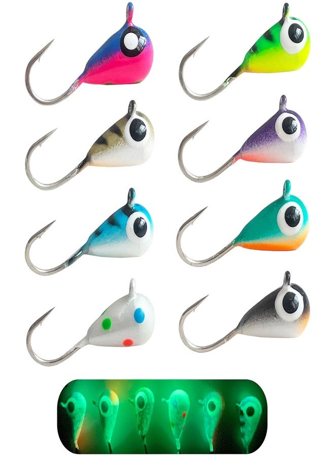 FISHCORNER Fish Corner 8pcs Tungsten Ice Fishing Jigs Set Sensitive Tear Drop Ice Fishing Jig Head Glow in Dark Ice Fishing Lures for Panfish Crappie Bluegill Walleye 3mm - Image 1