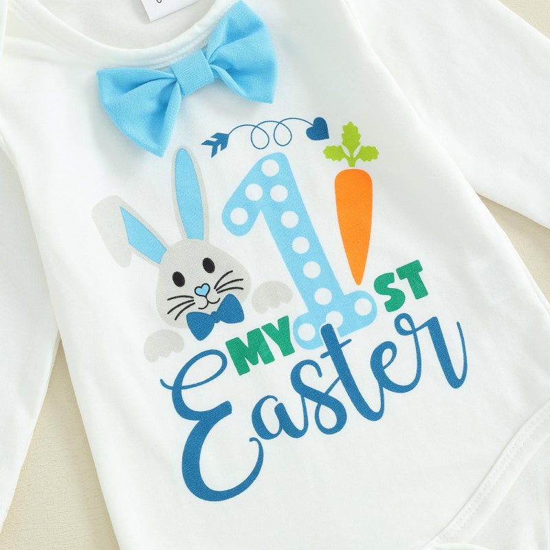 Frietlebird Infant Baby Boy Easter Outfit Bunny Letter Long Sleeve Romper Suspender Pants Set My First Easter Baby Boy Outfit (B-White,3-6 Months) - Image 4