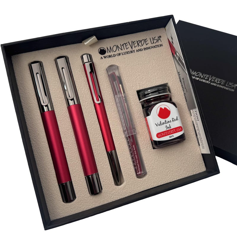 Monteverde Ritma 32 Piece Gift Set Red Includes Flex Nib Fountain Pen Rollerball Ballpoint 30ml Ink Refill Ideal for Creative Writers Collectors
