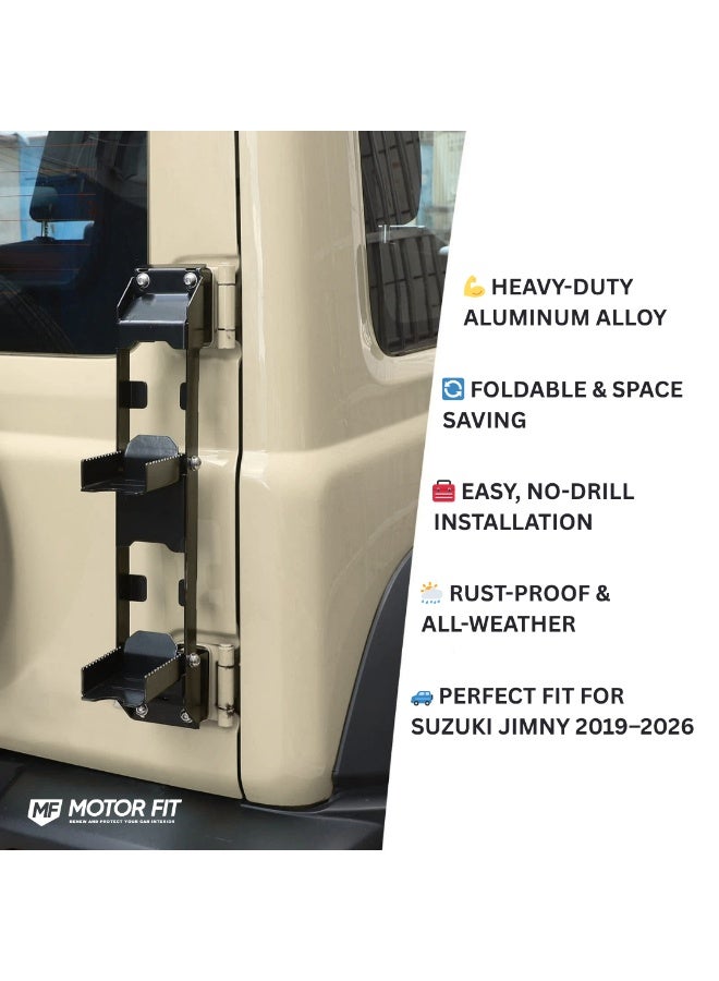 موتور فيت سلم خلفي قابل للطي MOTOR FIT لسوزوكي جيمني 2019-2026 | سلم الباب الخلفي المصنوع من سبائك الألومنيوم الثقيلة | سهل التركيب ، تصميم قابل للطي ، ملحق على الطرق الوعرة لجيمني - Image 2