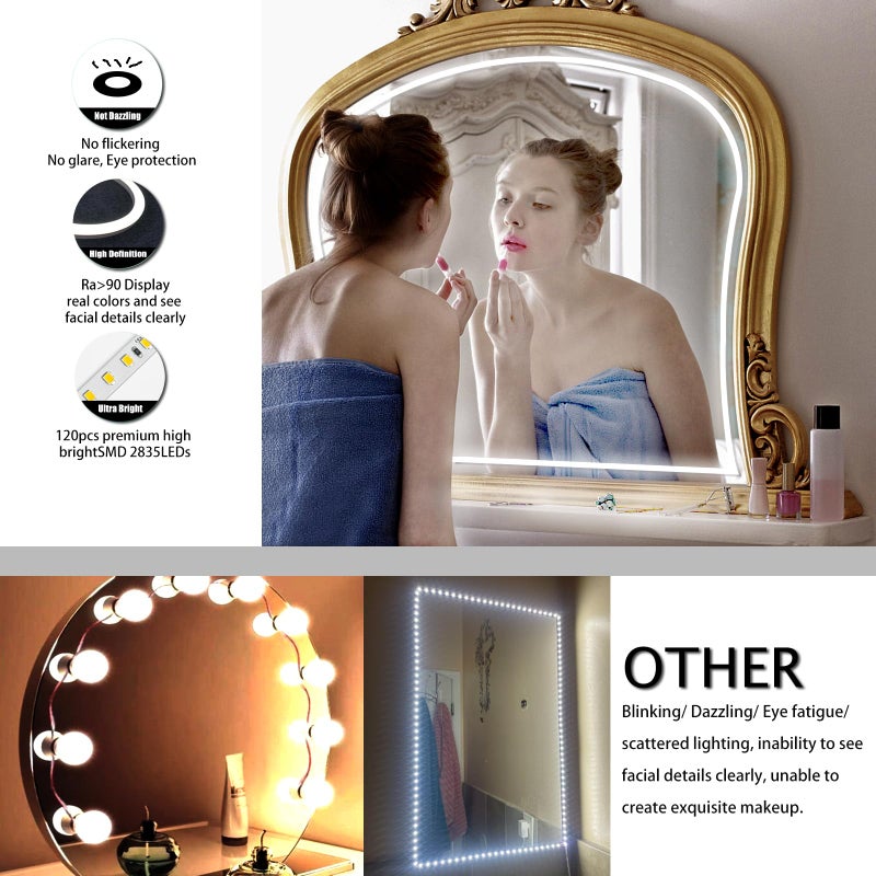 Blikshin LED Vanity Mirror Lights, Hollywood Style Makeup Lighting, 10FT/6000K/Dimmable/12V Adapter/Self-Adhesive Strip Lights for Mirror, Lighting for Makeup Vanity Table & Bathroom Mirror - Image 4