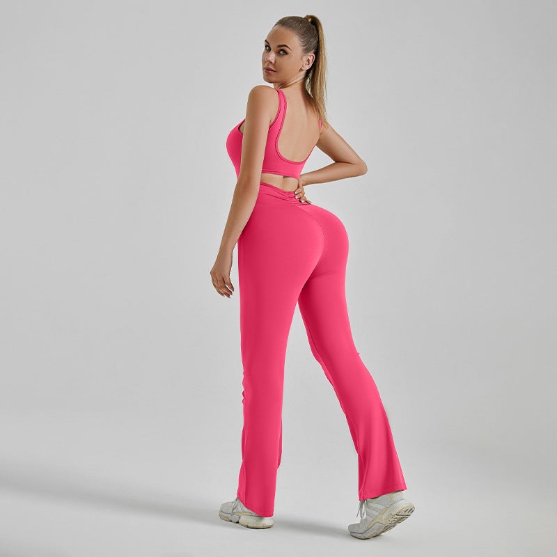 Cross-border zone Europe and the United States new fashion tight yoga jumpsuit hollow back slim slim jumpsuit Raspberry red - Image 1