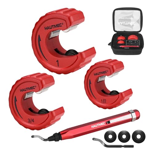 HAUTMEC Copper Tubing Cutter Set 3 PCS Copper Pipe Cutter Tool, In Portable Storage Case, Includes 1/2 in., 3/4 in., and 1 in. Cutters, Reaming Pen, 3 Spare Cutting Wheels, 1 Spare Deburring Blade - Image 1