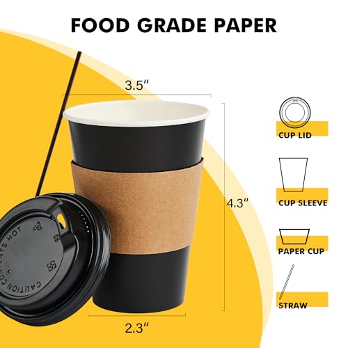 RACETOP 50 Pack 12 oz Coffee Cups with Lids, Black Disposable Coffee Cups with Lids, Sleeves and Stirring Sticks, Hot Paper Coffee Cup 12 oz for Hot Drinks, Parties, Picnic, Travel, and Events - Image 2