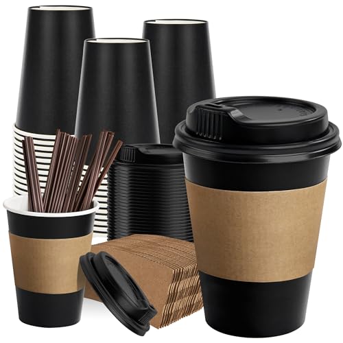 RACETOP 50 Pack 12 oz Coffee Cups with Lids, Black Disposable Coffee Cups with Lids, Sleeves and Stirring Sticks, Hot Paper Coffee Cup 12 oz for Hot Drinks, Parties, Picnic, Travel, and Events - Image 1