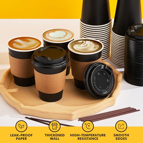 RACETOP 50 Pack 12 oz Coffee Cups with Lids, Black Disposable Coffee Cups with Lids, Sleeves and Stirring Sticks, Hot Paper Coffee Cup 12 oz for Hot Drinks, Parties, Picnic, Travel, and Events - Image 5