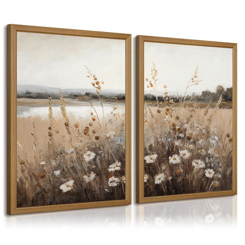 Joocrise Wildflower Botanical Wall Art Decor Set of 2 Vintage Canvas Wall Decor Landscape Field Wall Art Pictures Farmhouse Prints Landscape Painting Vintage Artwork for Room Bedroom 12x16 Inch Framed - Image 1